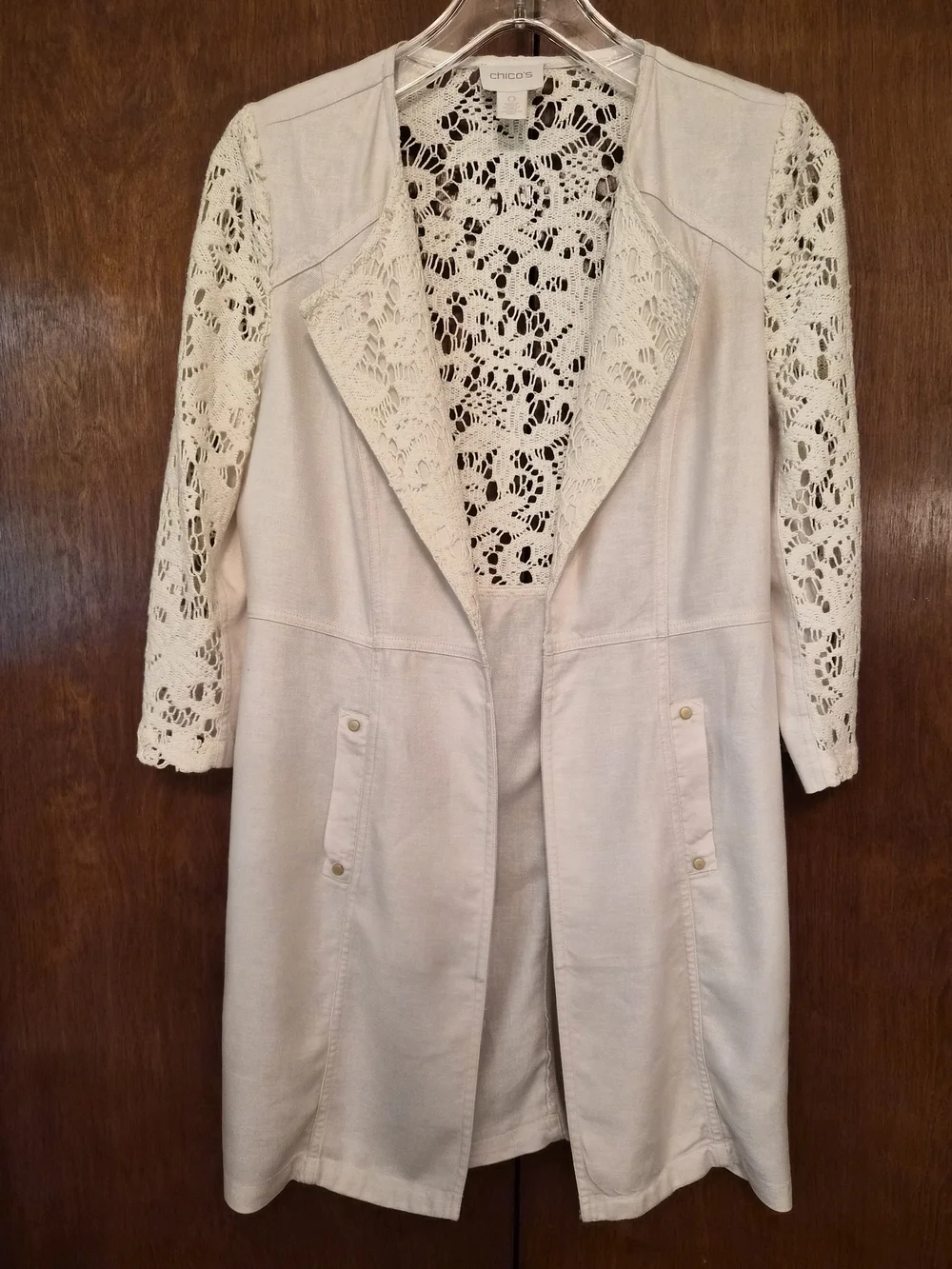 Chico's Floral Crochet - 3/4 Length Sleeve Duster- Size 4  (Chicos Size 0)